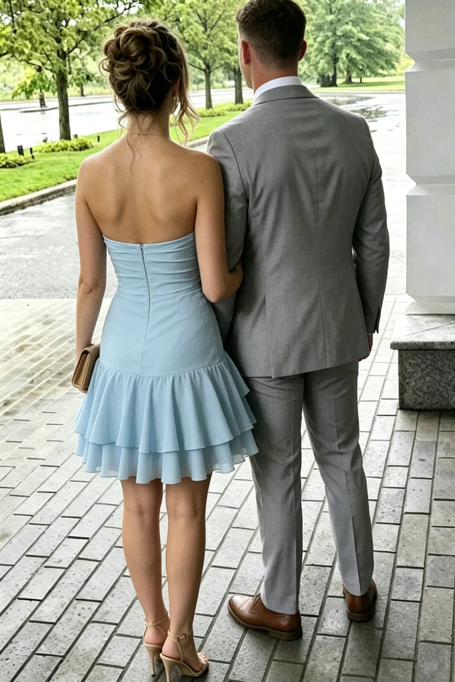 Fresh Light Blue Strapless Sweetheart Twist Cutout A Line Multi Layer Ruffle Chiffon Short Homecoming Dress AS1134