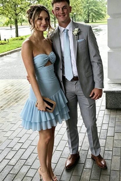 Fresh Light Blue Strapless Sweetheart Twist Cutout A Line Multi Layer Ruffle Chiffon Short Homecoming Dress AS1134