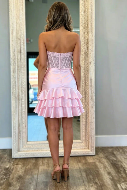 Chic Light Pink Strapless Appliques Multi Layer Ruffles Side Slit Bodycon Short Homecoming Dress AS1136