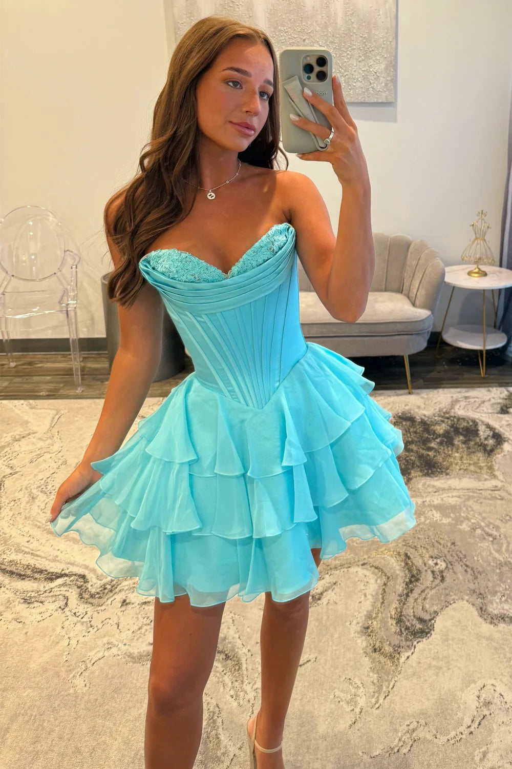 Cute A-Line Sweetheart Ruffled Homecoming Dress With Lace Detail AS114