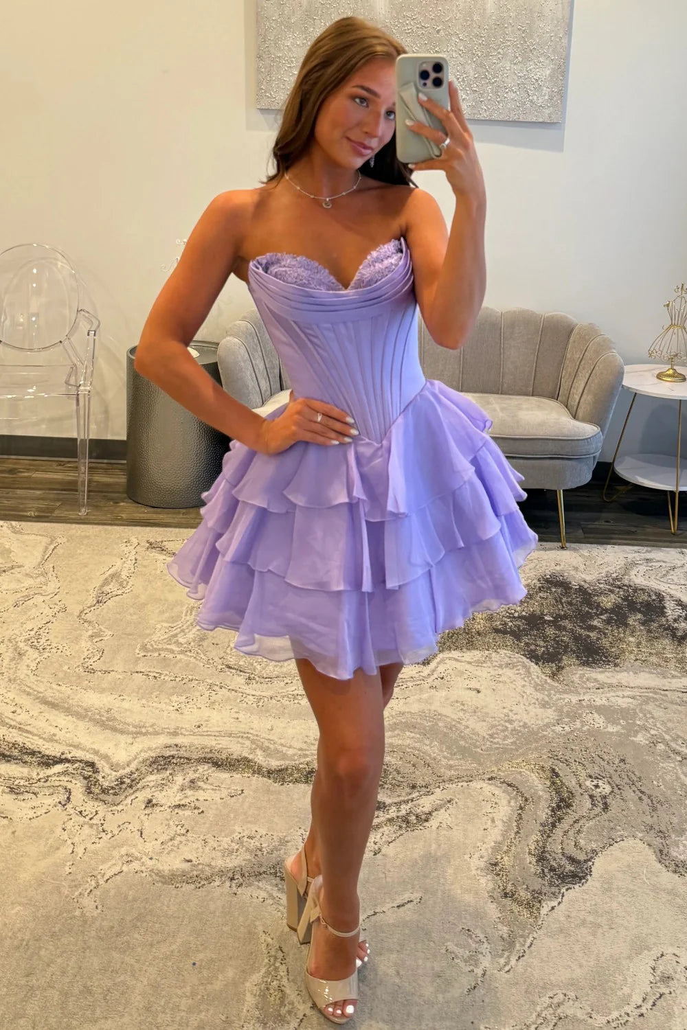 Cute A-Line Sweetheart Ruffled Homecoming Dress With Lace Detail AS114