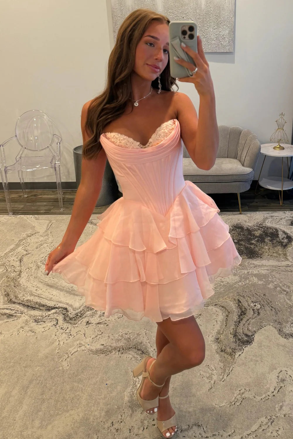 Cute A-Line Sweetheart Ruffled Homecoming Dress With Lace Detail AS114