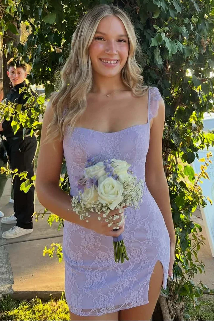 Chic Lavender Ruffle Strap Floral Lace Side Slit Bodycon Mini Homecoming Dress AS1142