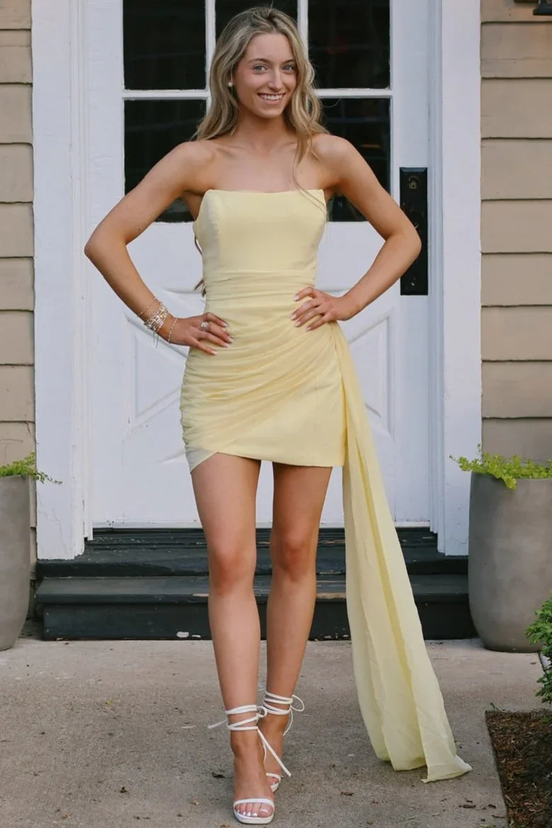 Fresh Yellow Strapless Runched Satin Bodycon Short Homecoming Dress With Side Long Chiffon Ribbon AS1143