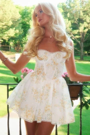 Gorgeous White Yellow Floral Print Straps Mini A Line Homecoming Dress AS1145