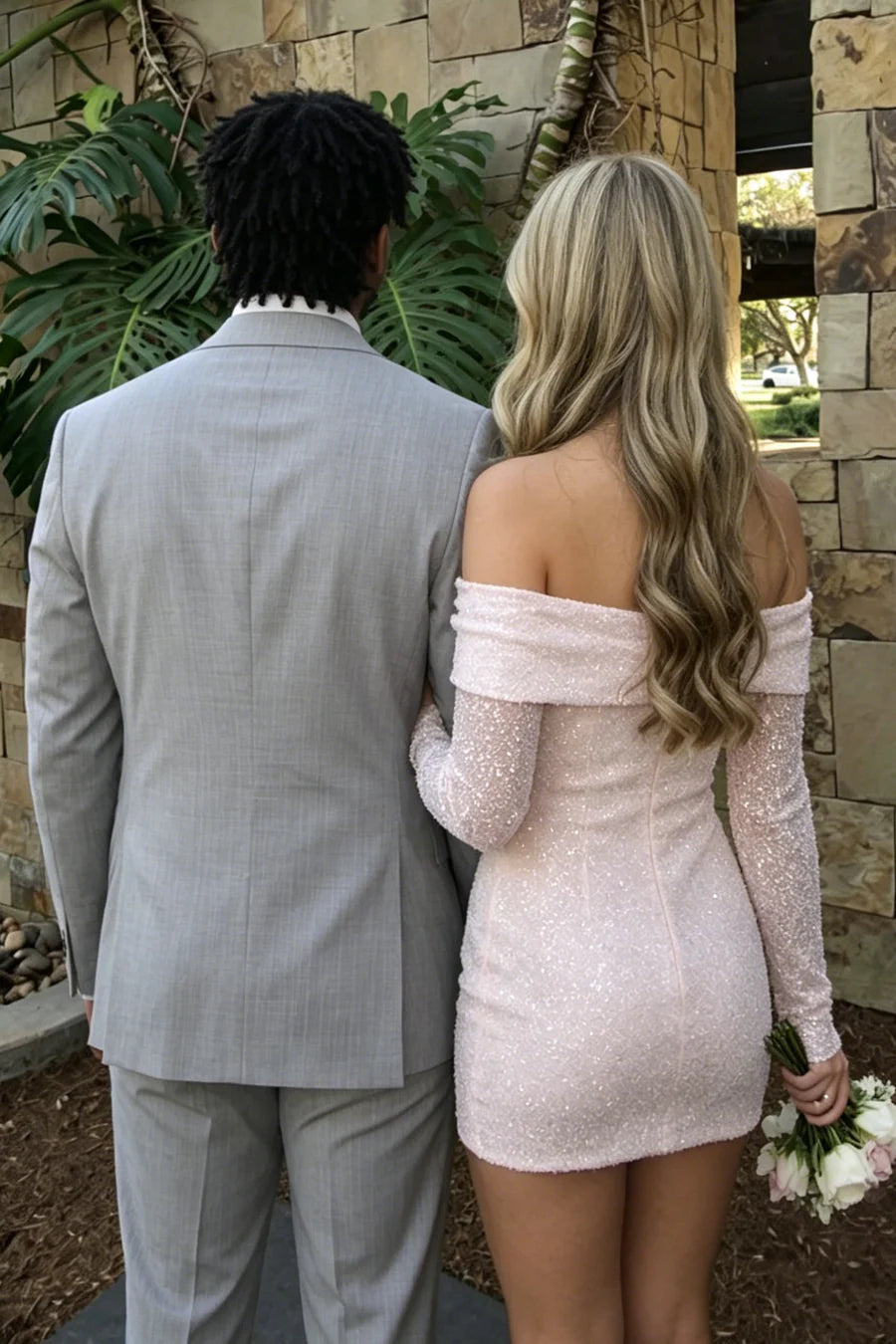 Hot Sale Glitter Pink Off-Shoulder Sequined Long Sleeves Bodycon Mini Homecoming Dress AS1146