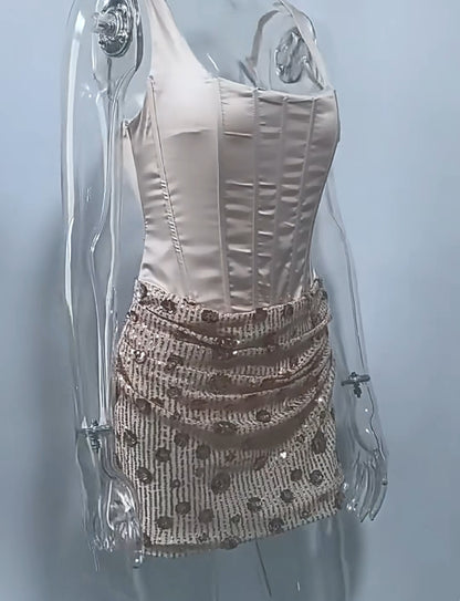 Luxury Champagne Square Neck Straps Satin Corset Draped Ruched Sequin Skirt Bodycon Short Homecoming Dress AS1149