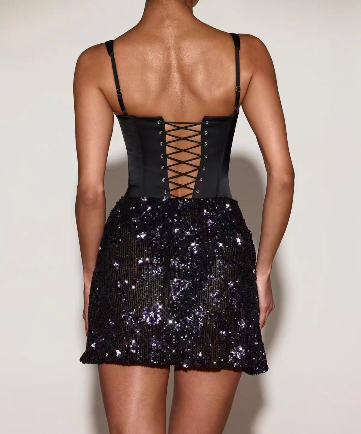 Luxury Champagne Square Neck Straps Satin Corset Draped Ruched Sequin Skirt Bodycon Short Homecoming Dress AS1149