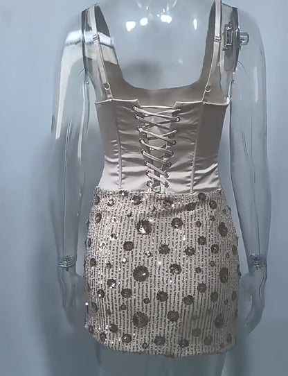 Luxury Champagne Square Neck Straps Satin Corset Draped Ruched Sequin Skirt Bodycon Short Homecoming Dress AS1149