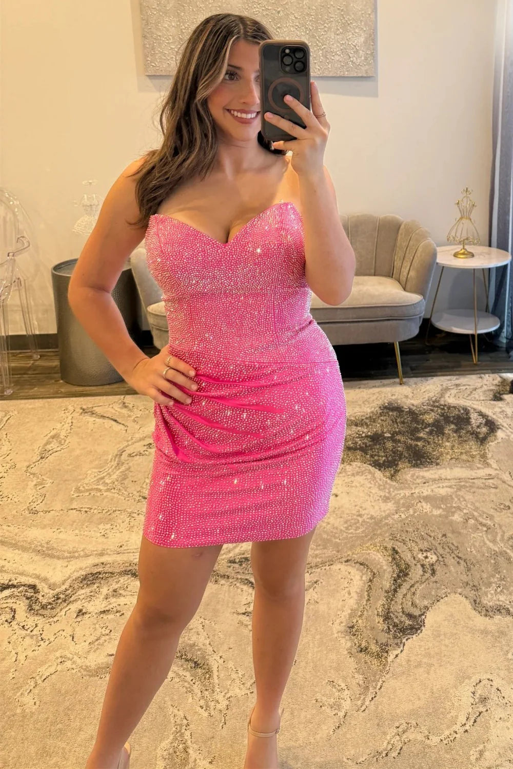 Sparkly Sweetheart Short Tight Beaded Homecoming Dress With Ruched Detail AS115