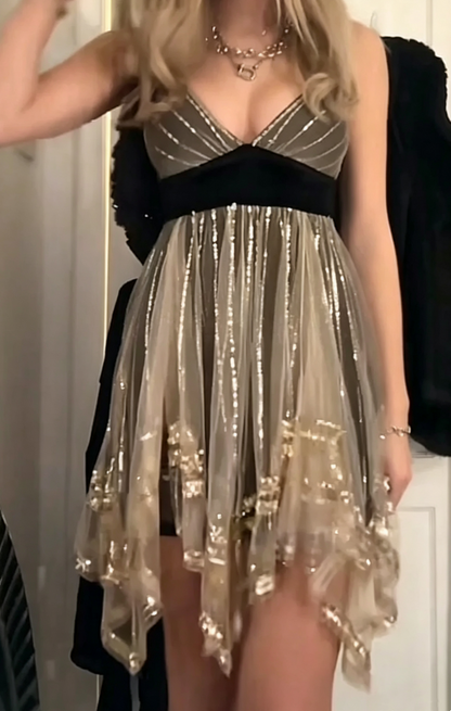 Chic Champagne Gold V Neck Spaghetti Straps Sequin Black Underskirt High Waist A Line Short Homecoming Dress AS1151