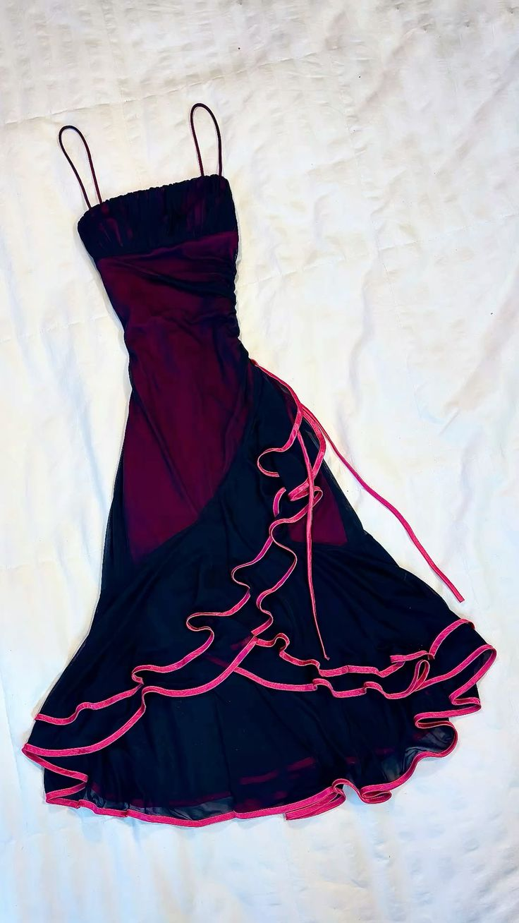 Chic Black Mesh With Hot Pink Piping & Burgundy Lining Spaghetti Straps Ruffle Hem A Line Midi Homecoming Dress AS1153