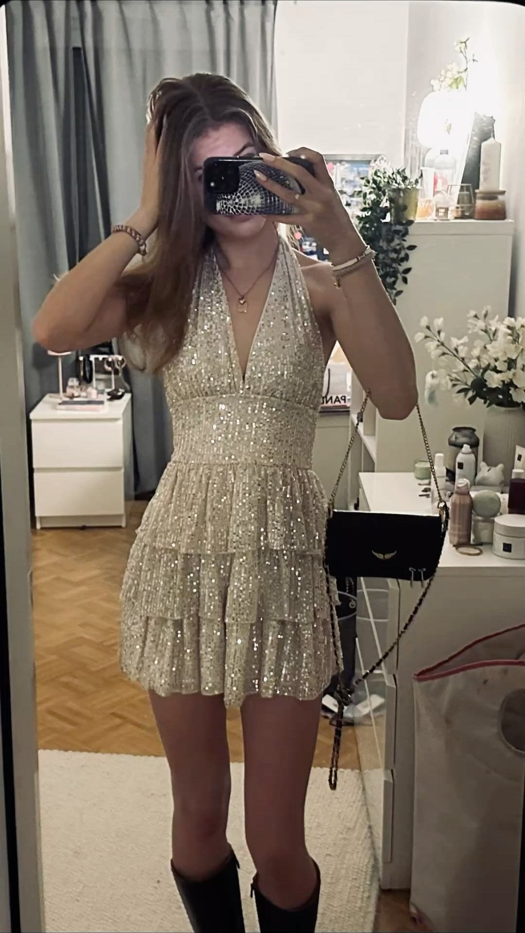 Sparkle Champagne Gold Halter Deep V Neck Sequin Multi Layer Ruffle Skirt A Line Short Homecoming Dress AS1155