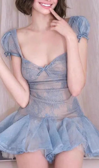 Gorgeous Blue Sweetheart Neck Puff Short Sleeve Sheer Floral Lace Sequin A Line Short Homecoming Dress AS1158