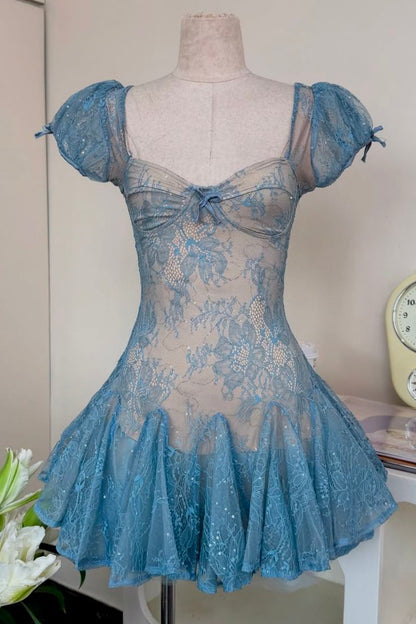 Gorgeous Blue Sweetheart Neck Puff Short Sleeve Sheer Floral Lace Sequin A Line Short Homecoming Dress AS1158