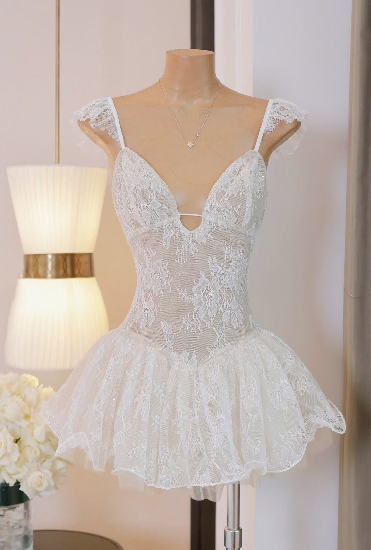 Gorgeous White Ruffle Cap Spaghetti Straps Deep V Lace A Line Mini Homecoming Dress AS1159