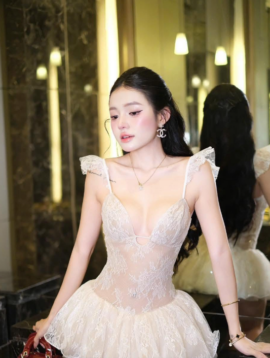 Gorgeous White Ruffle Cap Spaghetti Straps Deep V Lace A Line Mini Homecoming Dress AS1159