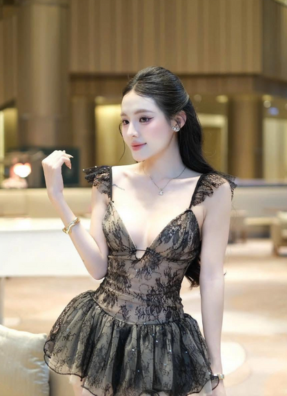 Gorgeous White Ruffle Cap Spaghetti Straps Deep V Lace A Line Mini Homecoming Dress AS1159
