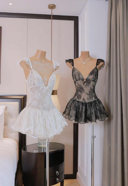 Gorgeous White Ruffle Cap Spaghetti Straps Deep V Lace A Line Mini Homecoming Dress AS1159