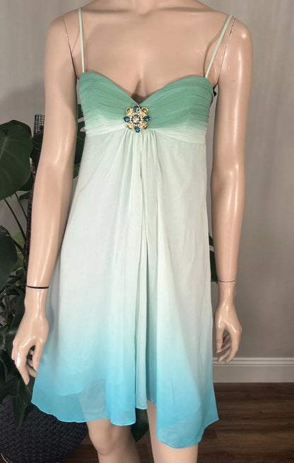 Chic Mint Gradient Spaghetti Straps Chiffon A Line Short Homecoming Dress With Rhinestone Floral Brooch AS1161
