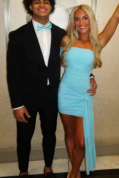 Chic Blue One Shoulder Side Twist Draped Sash Mini Bodycon Homecoming Dress AS1167