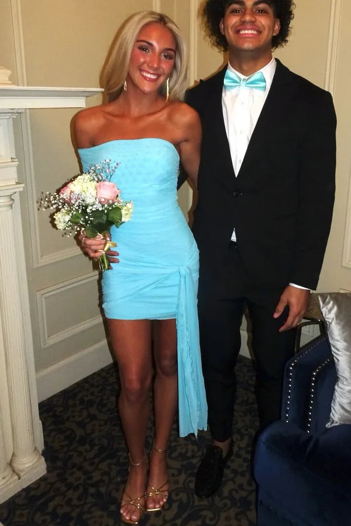 Chic Blue One Shoulder Side Twist Draped Sash Mini Bodycon Homecoming Dress AS1167