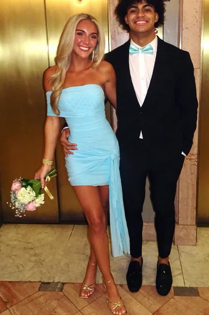 Chic Blue One Shoulder Side Twist Draped Sash Mini Bodycon Homecoming Dress AS1167