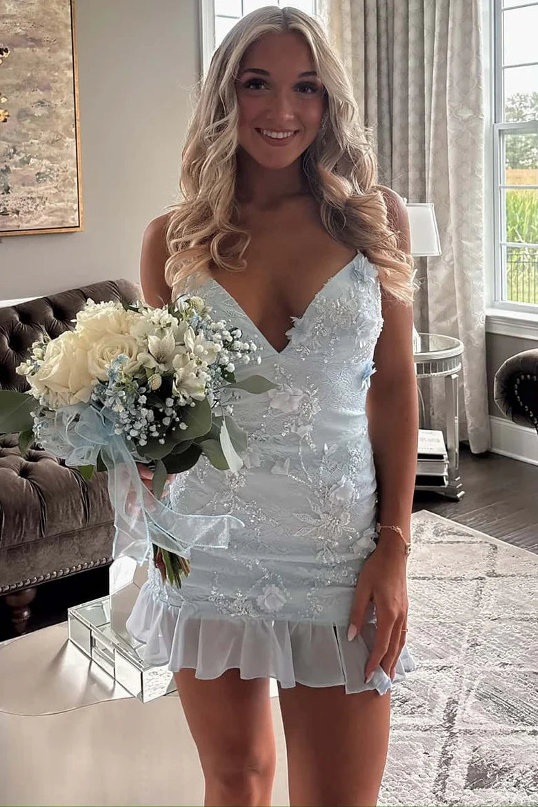 Stunning Light Blue V-Neck Spaghetti Straps 3D Floral Appliques Ruffles Hem Bodycon Mini Homecoming Dress AS1169