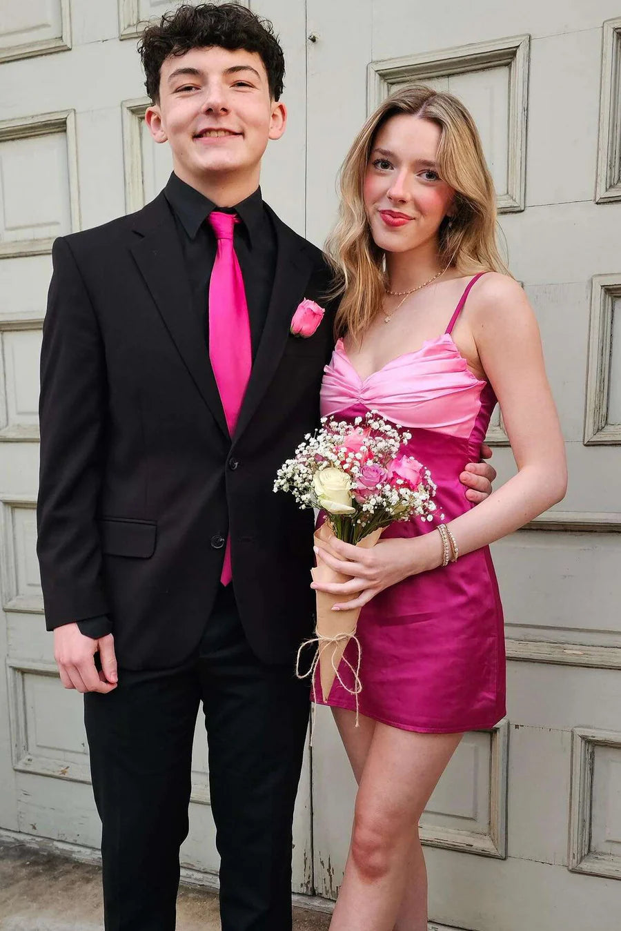 Cute Hot Pink Spaghetti Straps Pleats Sweatheart Neck Bodycon Satin Mini Homecoming Dress AS1170