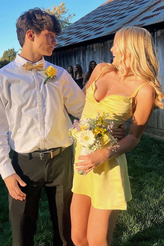 Bright Yellow V-Neck Spaghetti Straps Pleats Satin A-Line Mini Homecoming Dress AS1171
