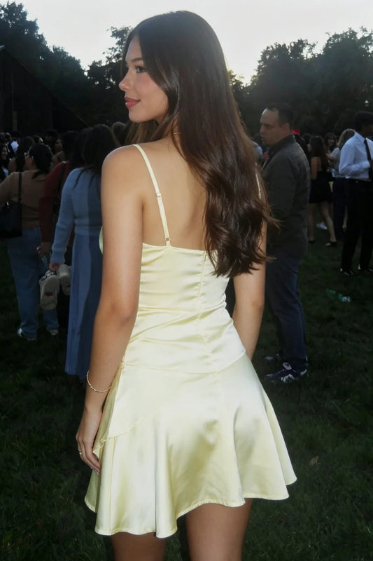 Airy Yellow Spaghetti Straps Deep V Neck Satin Ruffle Hem A-Line Short Homecoming Dress AS1172
