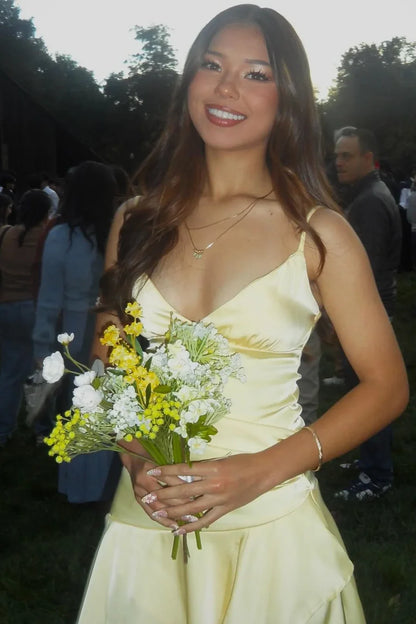 Airy Yellow Spaghetti Straps Deep V Neck Satin Ruffle Hem A-Line Short Homecoming Dress AS1172