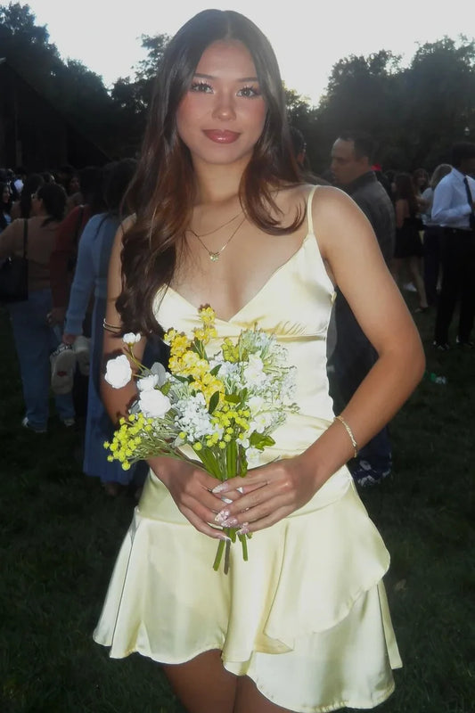 Airy Yellow Spaghetti Straps Deep V Neck Satin Ruffle Hem A-Line Short Homecoming Dress AS1172