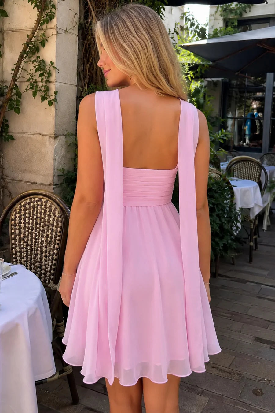 Lightweight Pink Strapless Empire-Waist Pleated A-Line Short Chiffon Homecoming Dress With Neck Scarf AS1174