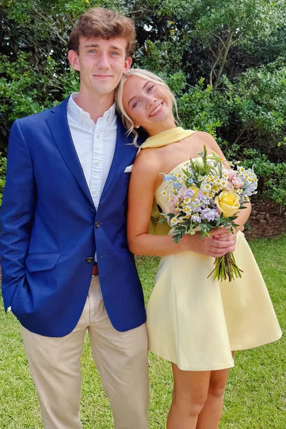 Vibrant Yellow Strapless Pleats Satin Empire-Waist A-Line Short Homecoming Dress With Neck Scarf AS1175