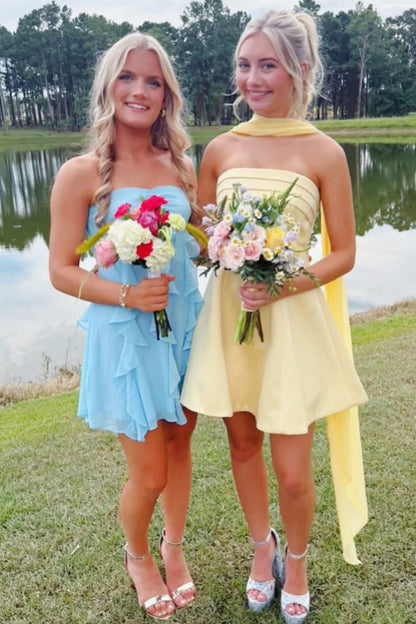 Vibrant Yellow Strapless Pleats Satin Empire-Waist A-Line Short Homecoming Dress With Neck Scarf AS1175