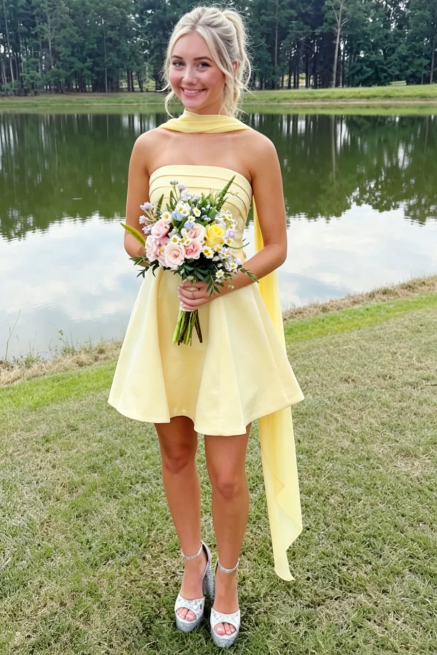 Vibrant Yellow Strapless Pleats Satin Empire-Waist A-Line Short Homecoming Dress With Neck Scarf AS1175