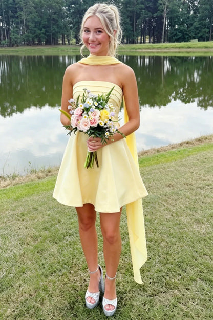 Vibrant Yellow Strapless Pleats Satin Empire-Waist A-Line Short Homecoming Dress With Neck Scarf AS1175