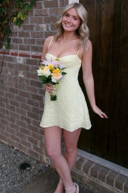Sparkle Yellow Spaghetti Straps Sweetheart Neck Sequins A-Line Short Homecoming Dress AS1176