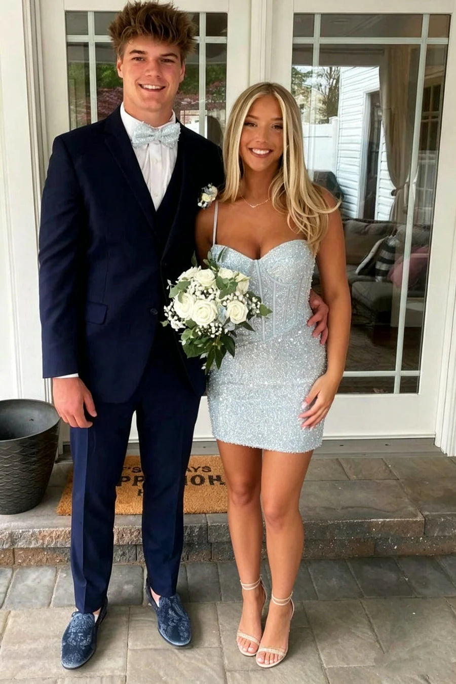 Radiant Light Blue Spaghetti Straps Sweetheart Neck Sequin Bodycon Mini Homecoming Dress AS1178