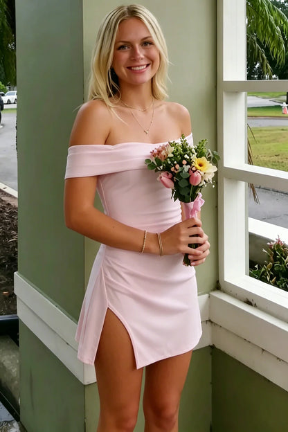 Elegant Pink Off-Shoulder Side Slit Satin Bodycon Mini Homecoming Dress AS1180