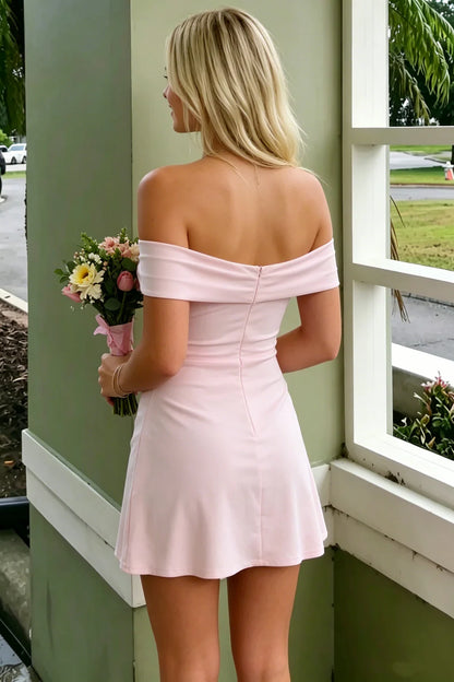 Elegant Pink Off-Shoulder Side Slit Satin Bodycon Mini Homecoming Dress AS1180
