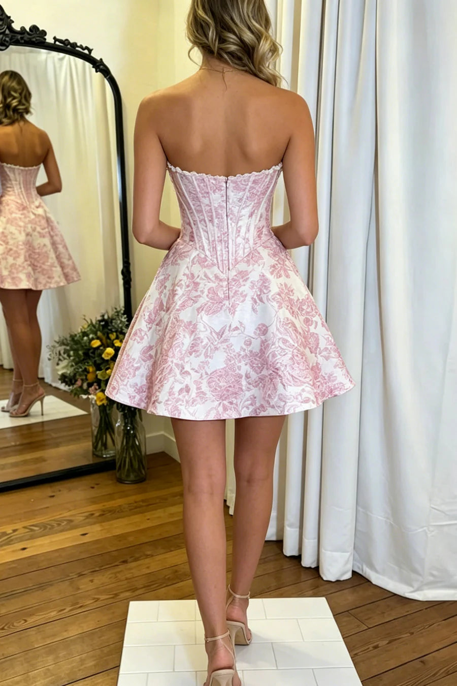 Elegant Pink Jacquard Strapless A-Line Short Homecoming Dress With Pearls AS1181