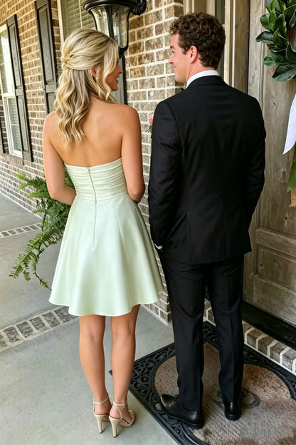 Chic Mint Strapless Pleats Satin A Line Short Homecoming Dress AS1188