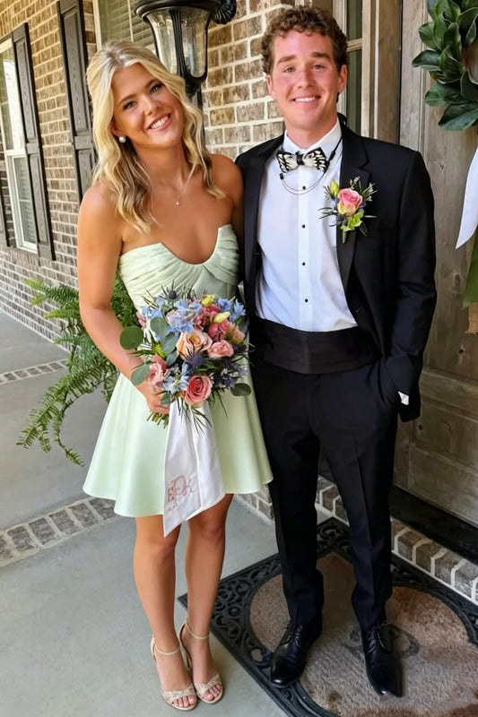 Chic Mint Strapless Pleats Satin A Line Short Homecoming Dress AS1188