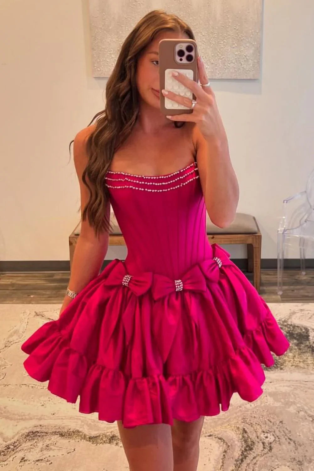 Pretty A-Line Strapless Short Satin Homecoming Dress With Bowknots AS119