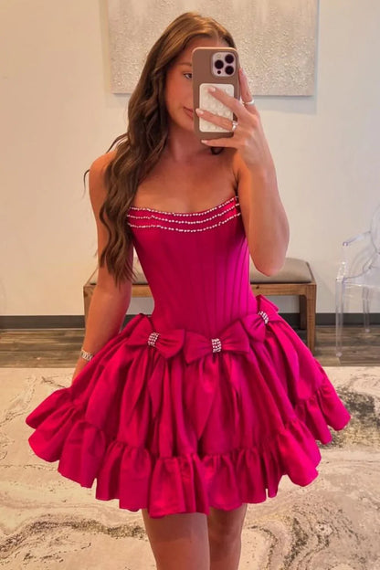 Pretty A-Line Strapless Short Satin Homecoming Dress With Bowknots AS119