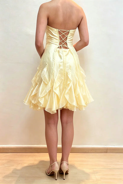 Chic Yellow Strapless Cascading Ruffle Hem A Line Short Homecoming Dress AS1190