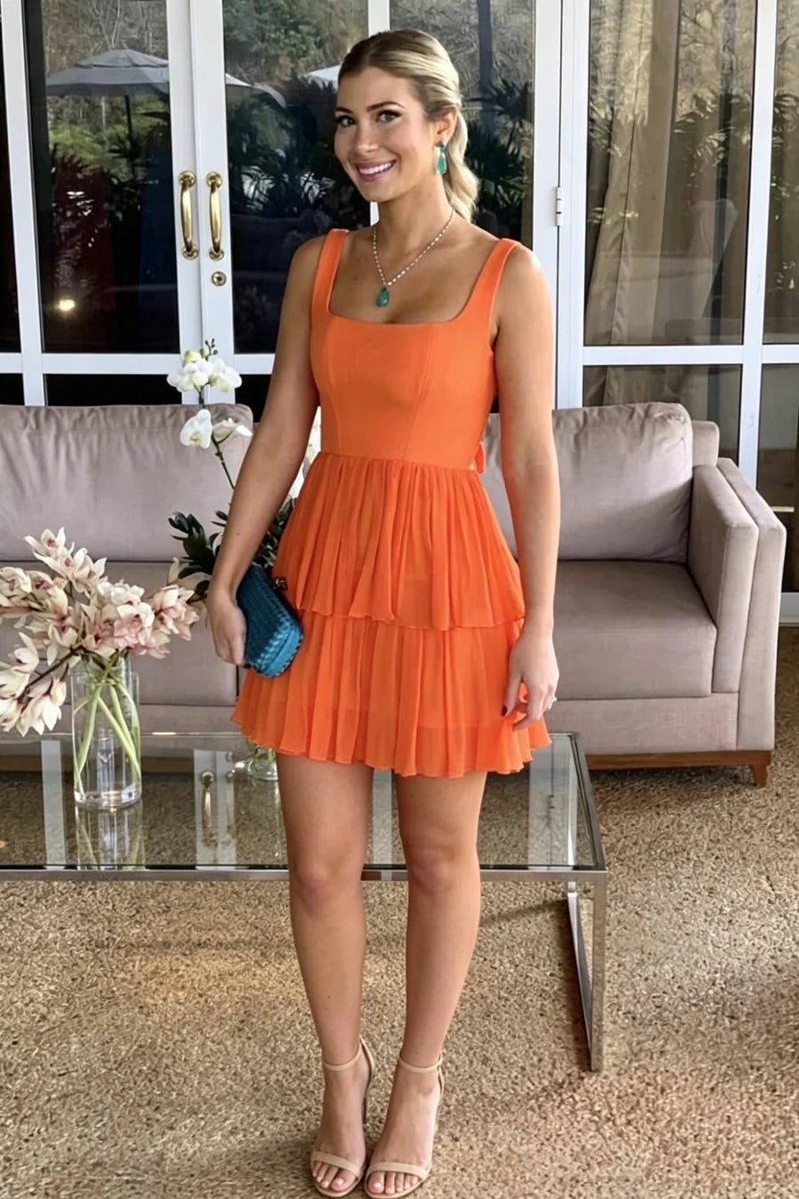 Blazing Orange Square Neck Straps A-Line Layered Chiffon Back Tie Bow Short Homecoming Dress AS1191