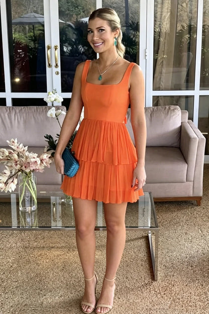 Blazing Orange Square Neck Straps A-Line Layered Chiffon Back Tie Bow Short Homecoming Dress AS1191